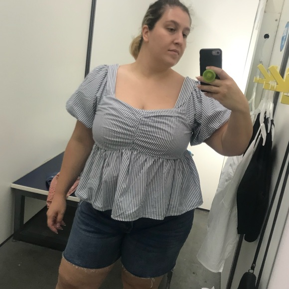 Plus Sized Puff-Sleeve Striped Ruched Smocked Babydoll Swing Blouse - Picture 8 of 8